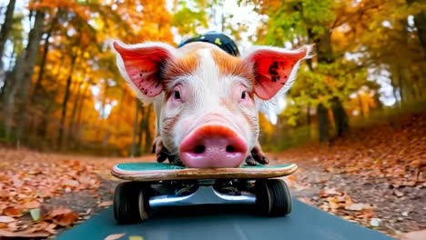 a pig riding a skateboard on a road in the woods