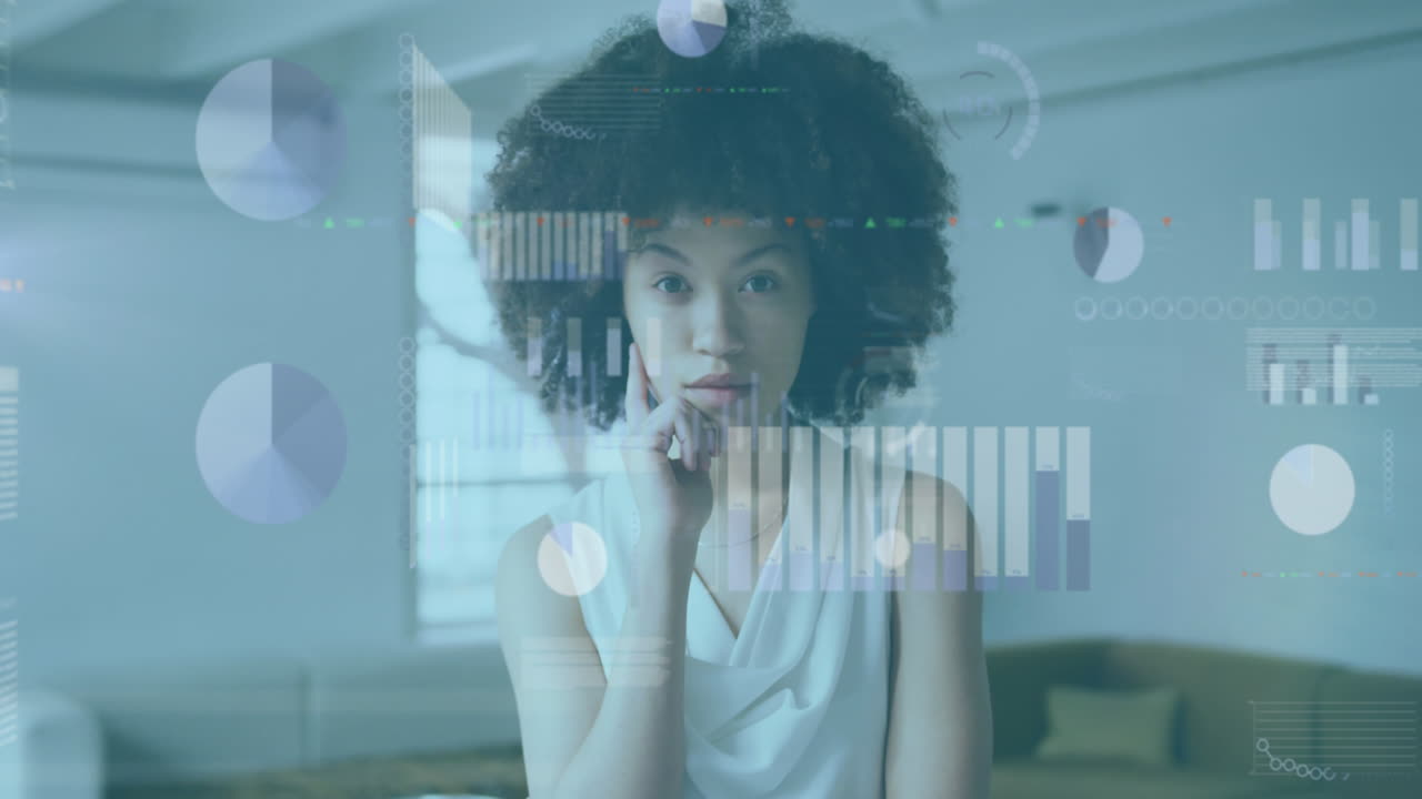 Animation of financial data processing over biracial businesswoman in office