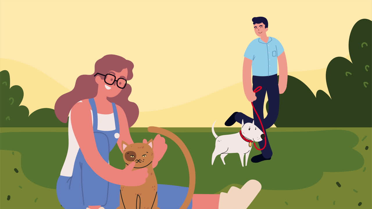 캠프에서 고양이와 개와 함께 부부