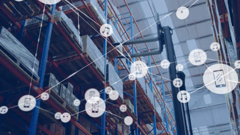 Animation-of-connected-icons,-low-angle-view-of-forklift-placing-boxes-on-racks-in-warehouse