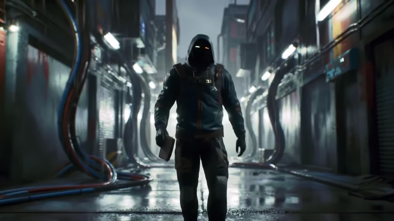 A cloaked figure strides confidently through a rain-soaked alley, illuminated by glowing lights and surrounded by industrial pipes. The atmosphere is tense and haunting, evoking curiosity.