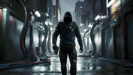 a cloaked figure strides confidently through a rain-soaked alley, illuminated by glowing lights and surrounded by industrial pipes. the atmosphere is tense and haunting, evoking curiosity.