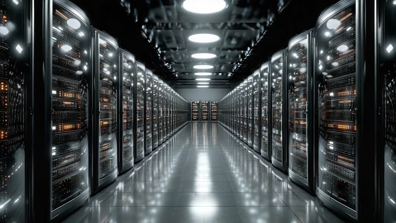 Et topmoderne datacenter med avancerede serverrack og højtydende hardware, oplyst af moderne LED-belysning i et poleret, strømlinet miljø