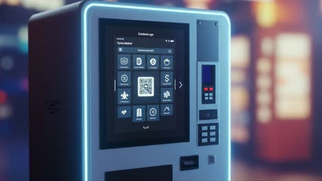 modern interactive kiosk displaying qr code for digital transactions and user engagement in a brightly lit urban setting