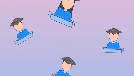 digital animation of multiple graduated boy and girl icons against purple gradient background