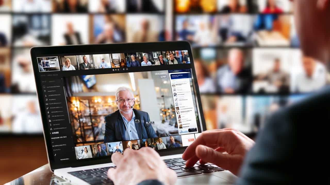 Engaging Virtual Meeting: Professional Individuals Interacting in a Lively Online Conference Environment Showcasing Collaboration and Technology in Action