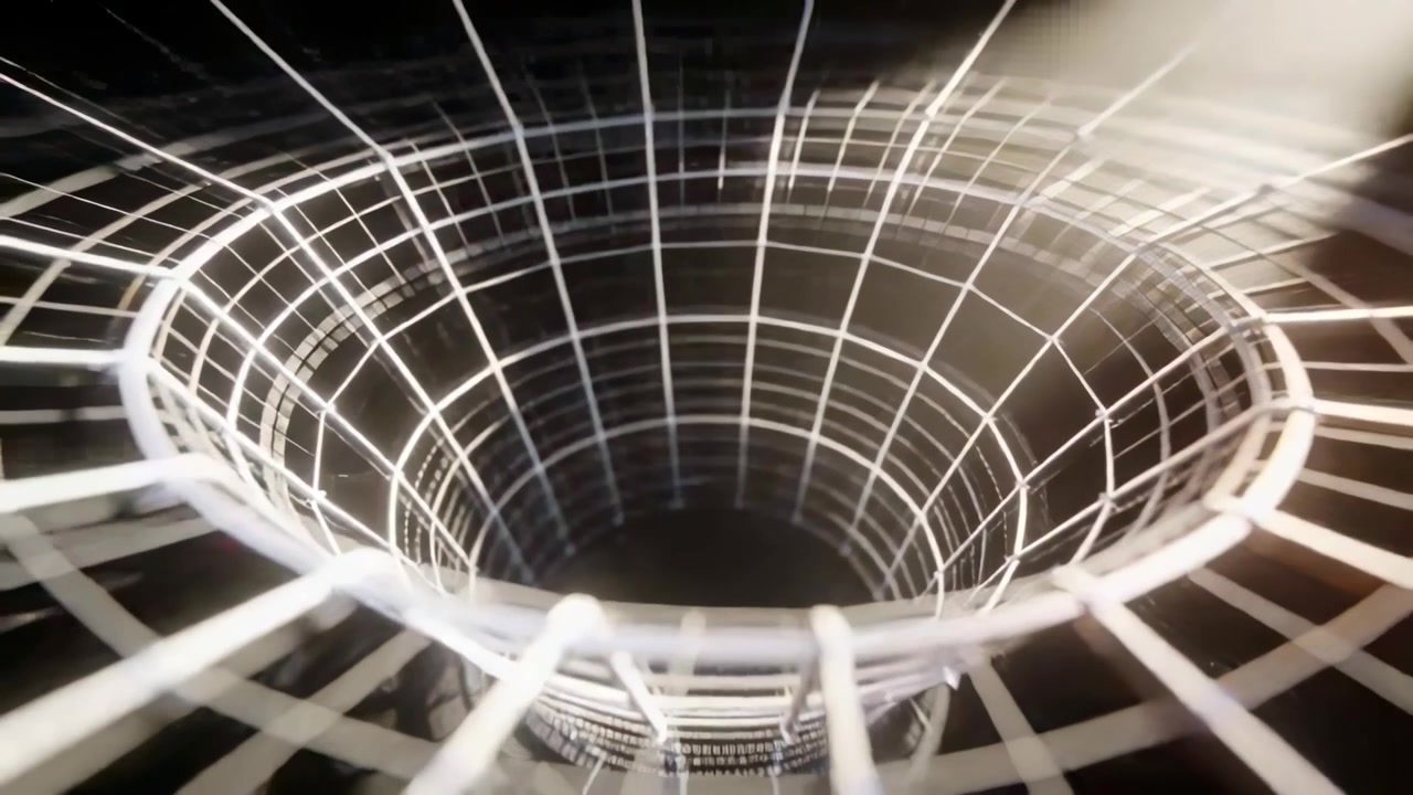 Telecamera che si allontana rivelando un imbuto wireframe luminoso in uno spazio 3D astratto, per esporre la struttura a reticolo.