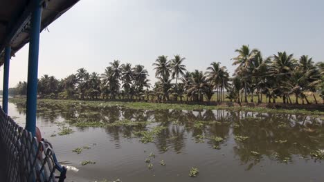 Sightseeing-boat-tour-along-river-shores-of-Alappuzha-or-Alleppey,-India