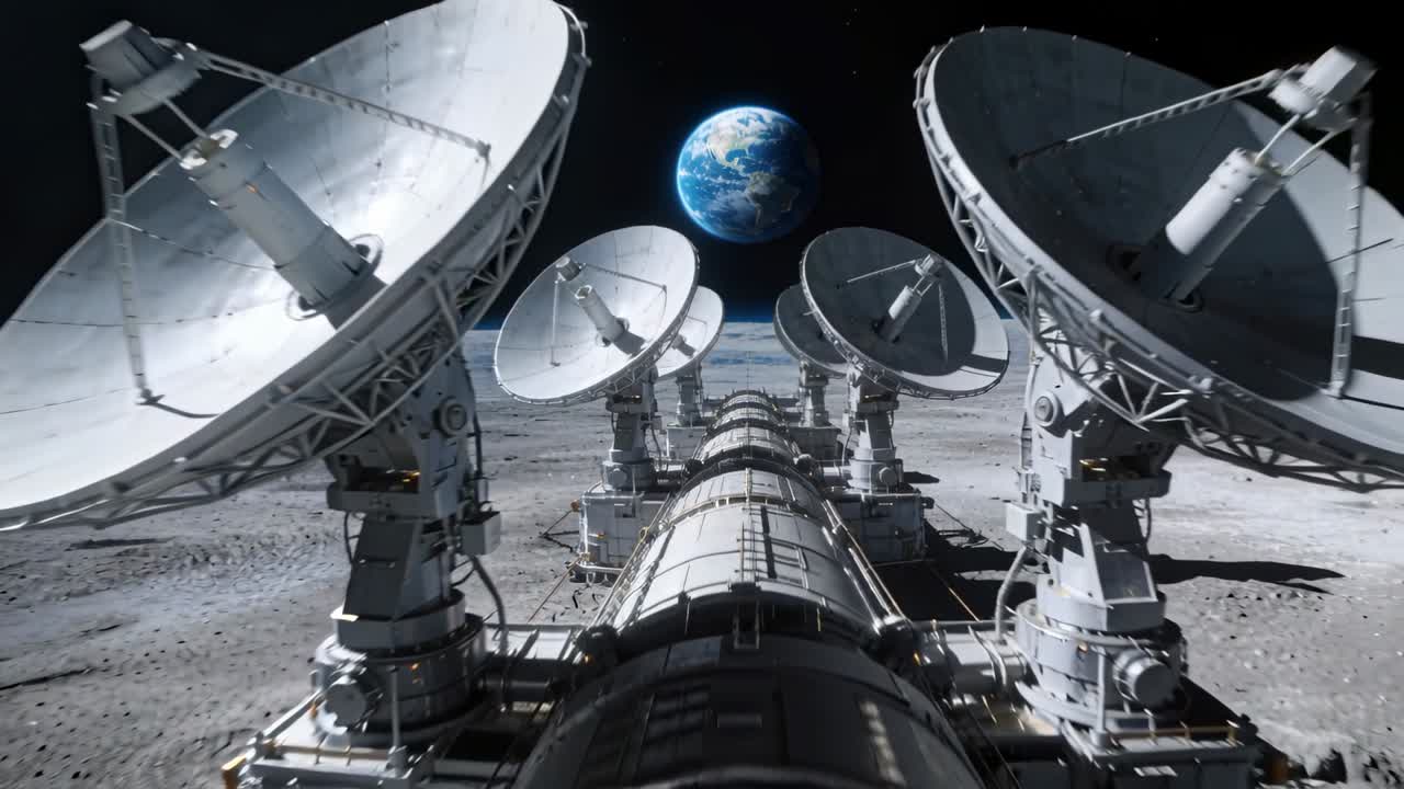 Complesso lunare che mostra un lungo veicolo di servizio su una pianura lunare, con parabole rotanti e cablaggio.