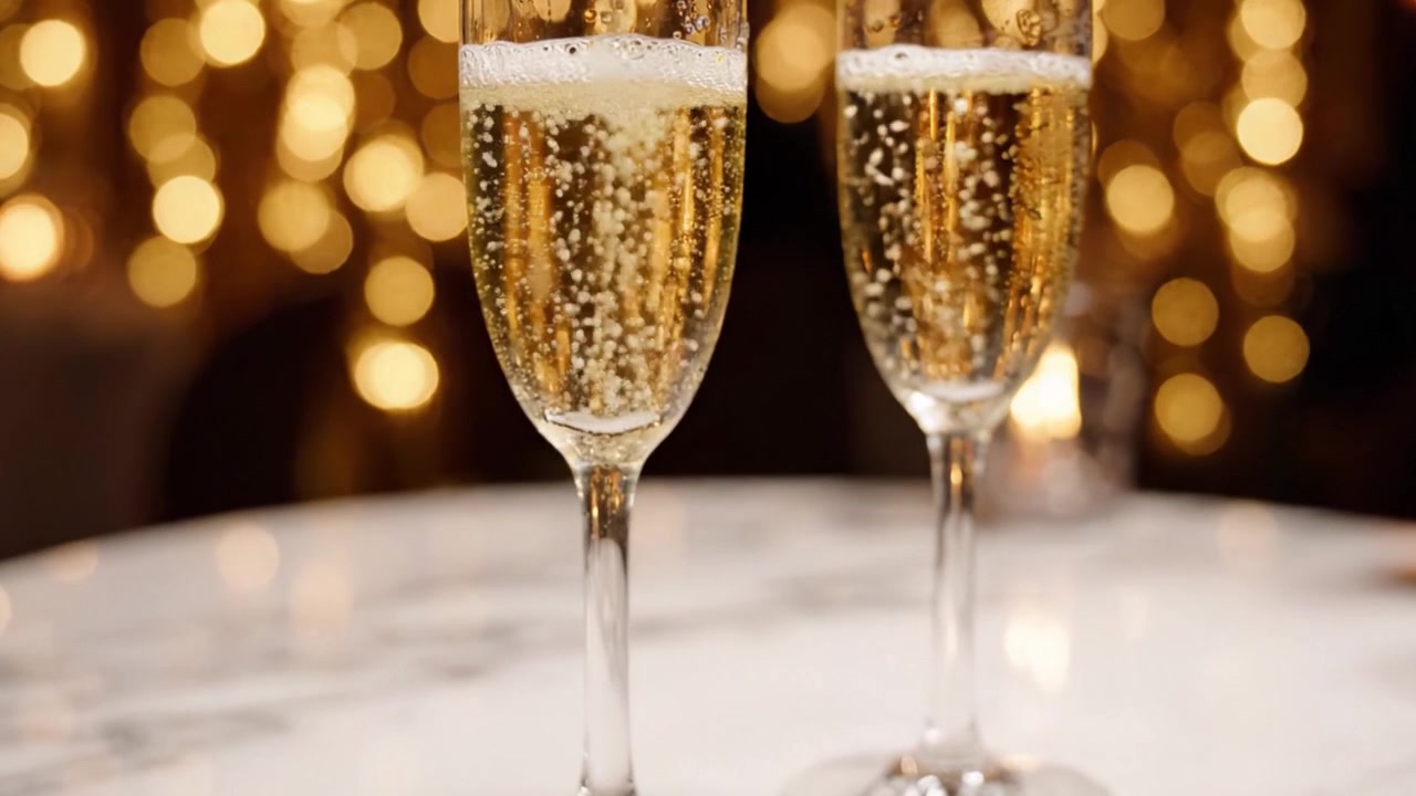 Un brindisi alla celebrazione: due squisiti flûte di champagne frizzante su uno sfondo scintillante di luci dorate, perfetto per occasioni speciali e incontri.