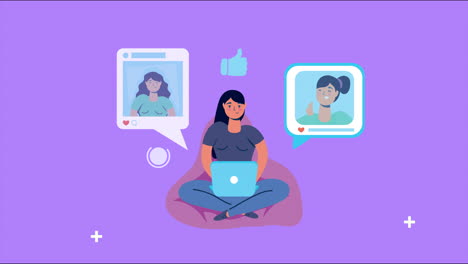 mujer usando computadora portátil medios sociales en el sofá