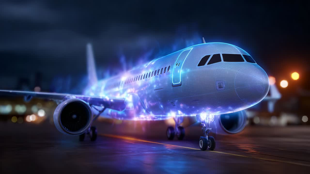 A Captivating Display of Futuristic Technology as a Plane Enhanced with Glowing Effects Prepares for Takeoff Against a Nighttime Sky, Illuminating the Scene with Dynamic Light and Motion