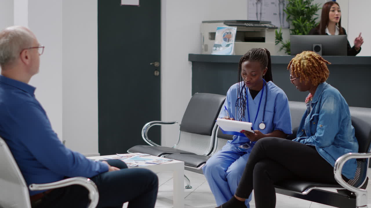 Waiting Room Scene with Patients and Medical Staff
