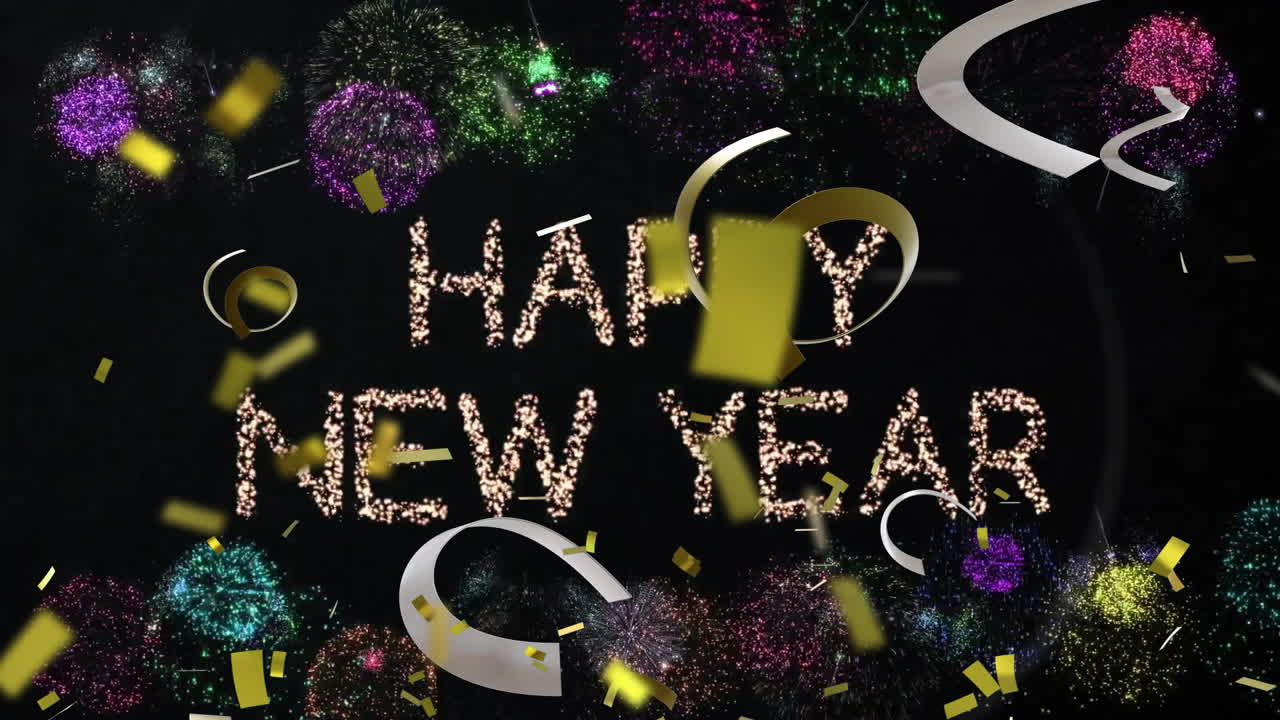 Animazione di testo "Buon Anno Nuovo", stelle filanti e coriandoli su sfondo nero