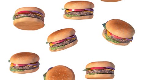 comida hamburguesas lluvia cayendo, animación de hamburgueres 3d render