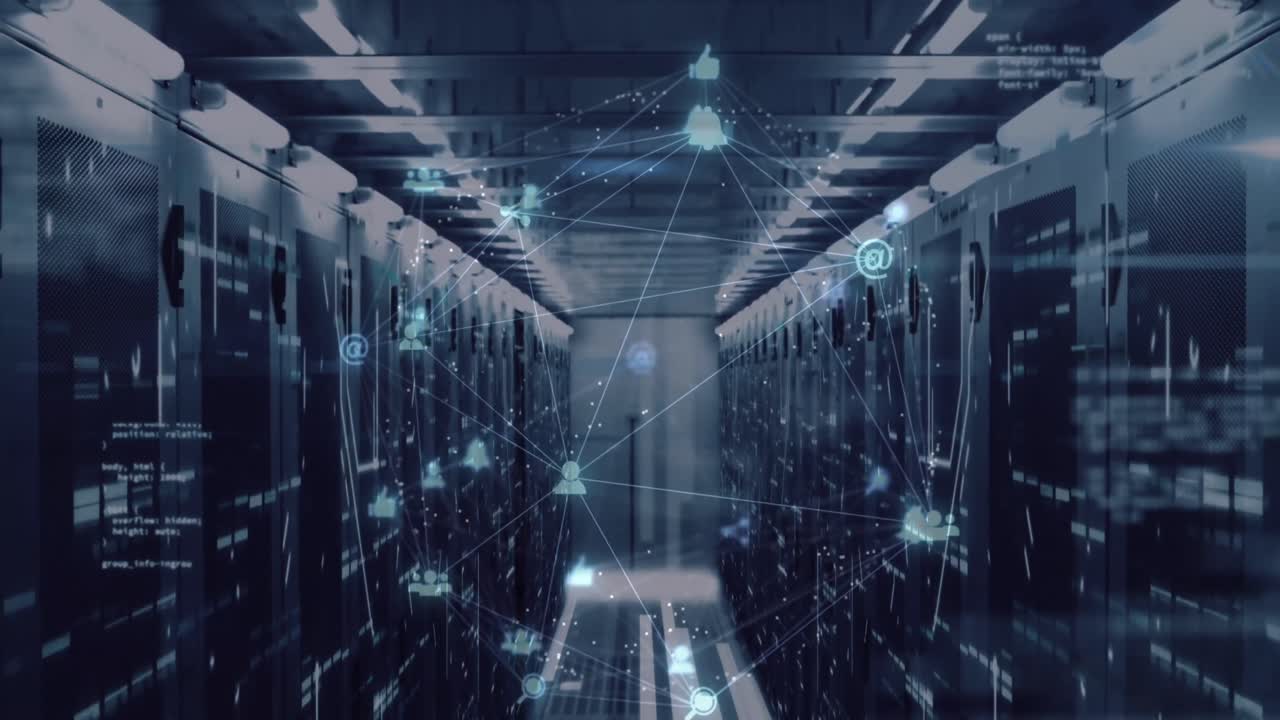 Animation of spinning globe of digital icons, data processing and mosaic squares against server room