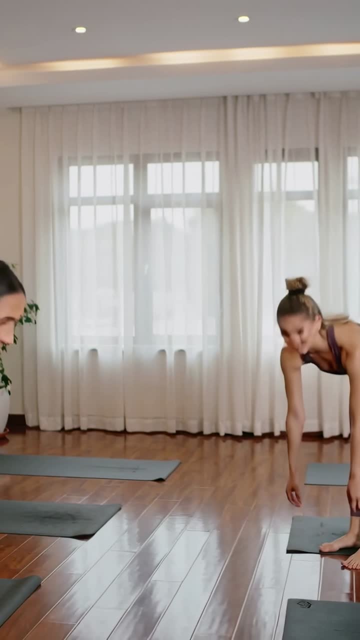 Video verticale: Insegnante che dà indicazioni, in completo viola, guida una lezione di piegamenti in uno studio con tappetini, con spazio per il testo.