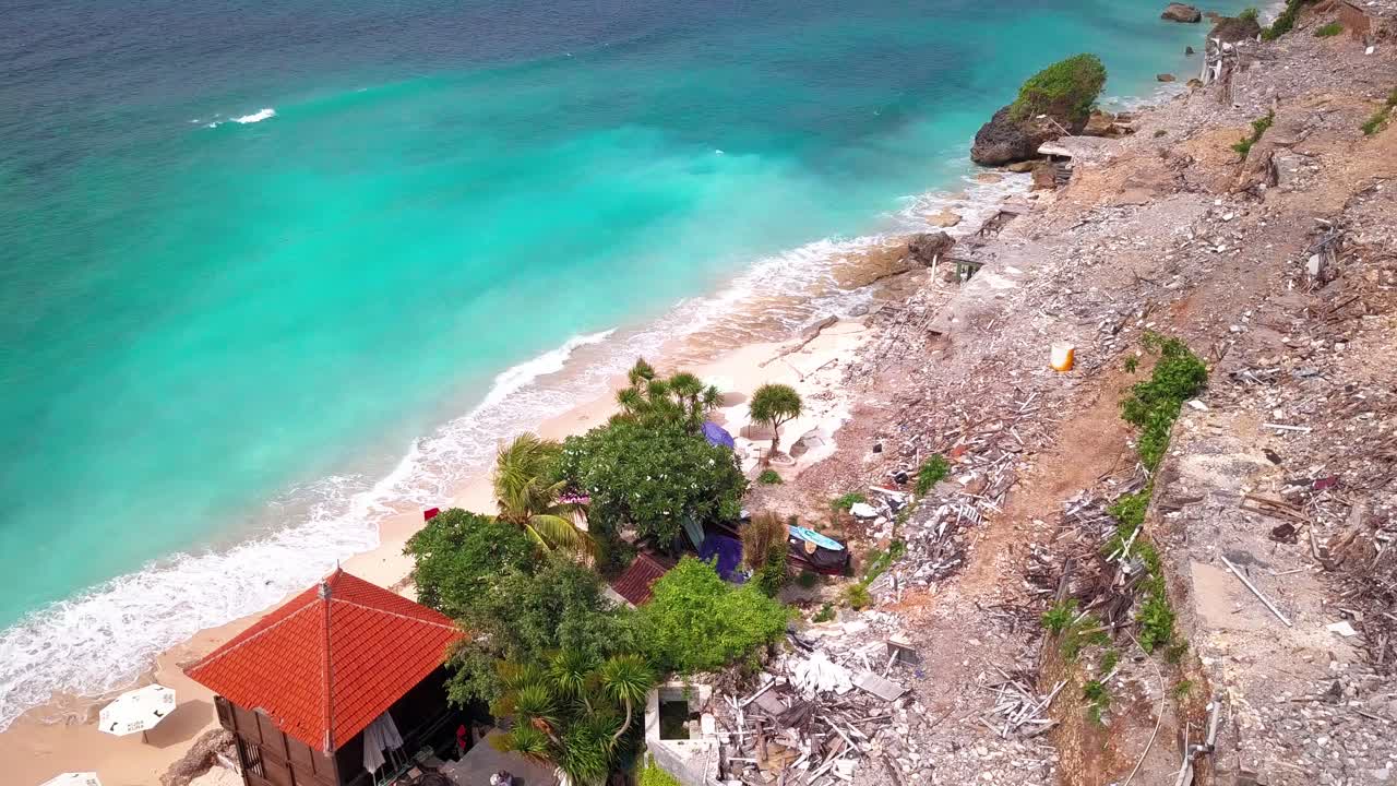 Drone video of the Bingin beach and ruined buildings in Bali Indonesia
