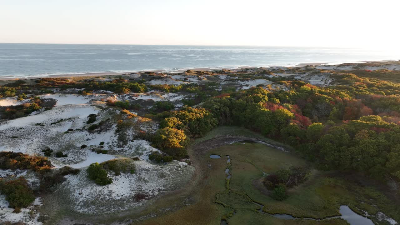 Aerial View of Coastal Sand Dunes and Fall Foliage