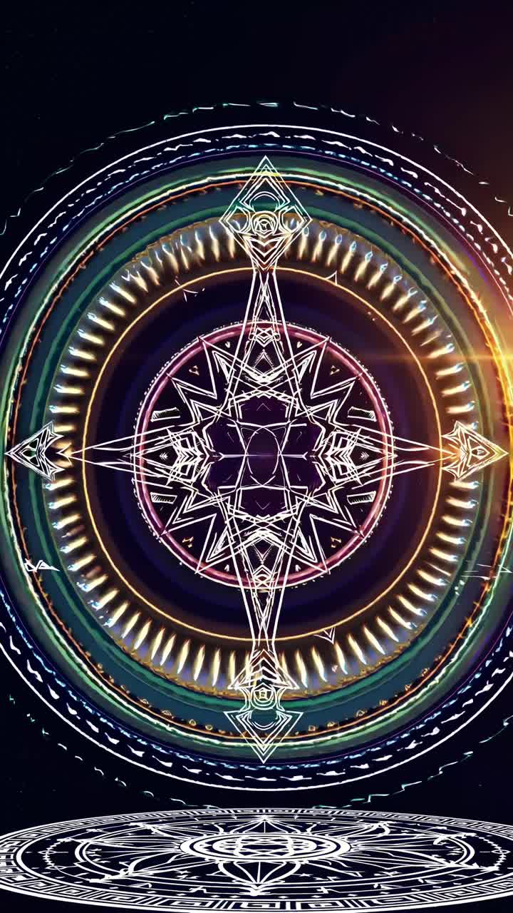 A mesmerizing, symmetrical geometric pattern with glowing purple and white lines, viewed
