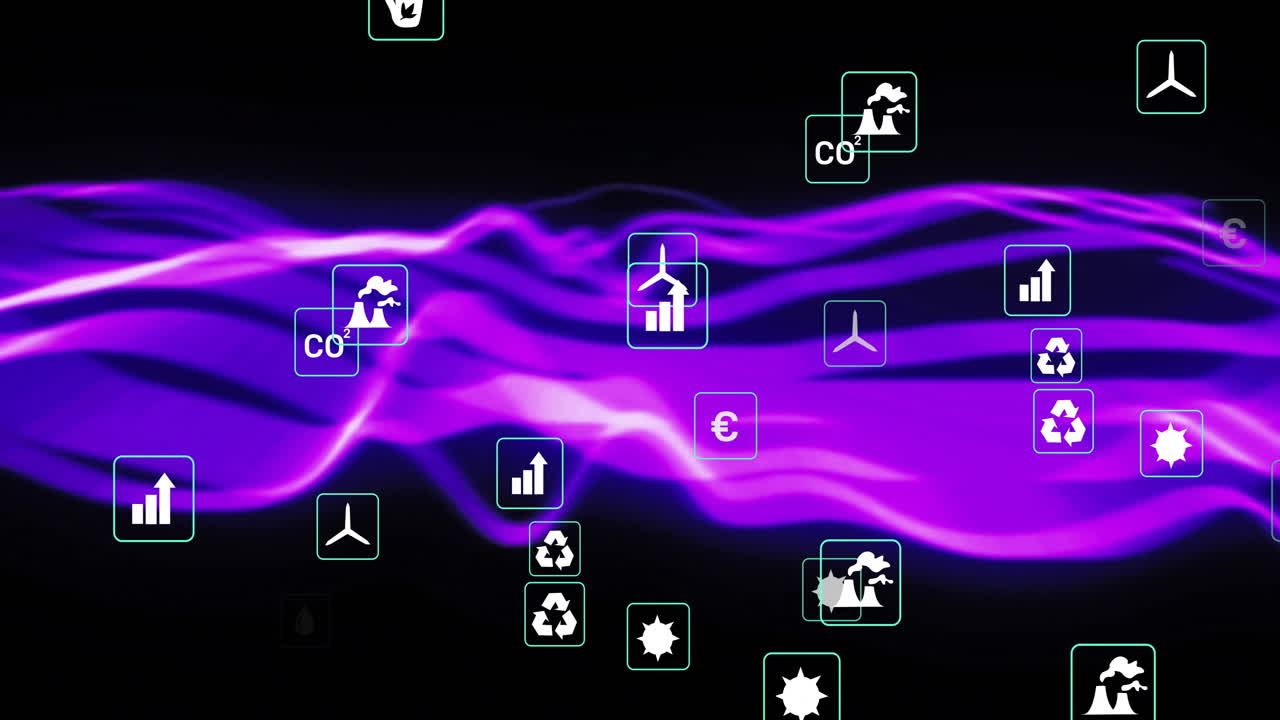Animación de iconos de datos financieros y medioambientales sobre un fondo de onda morada