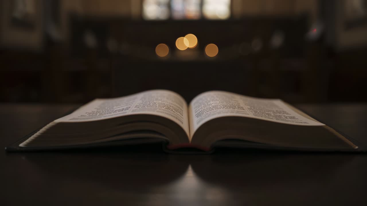 Смещение фокуса камеры, открытая книга на темном деревянном столе становится четче в часовне, показывая боке