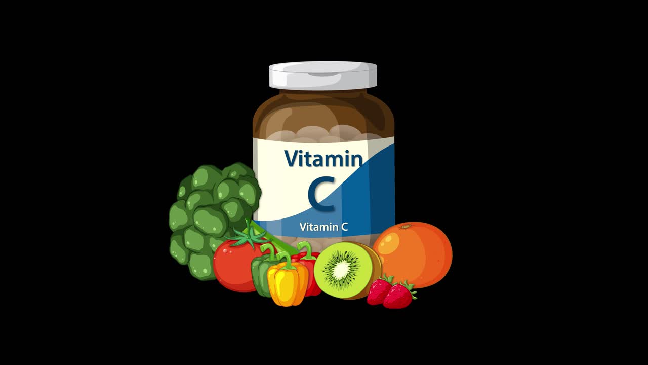 Vitamin C supplement bottle gradually surrounded by colorful fruits and vegetables on black background
