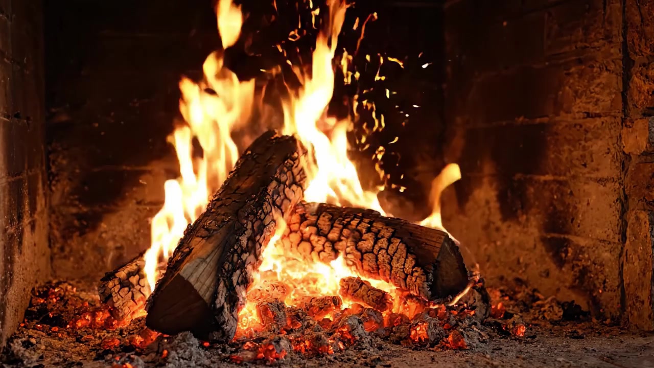Scorcio accattivante di un camino scoppiettante con fiamme vivaci che danzano tra i ceppi carbonizzati, creando un'atmosfera accogliente e invitante per le serate fredde.