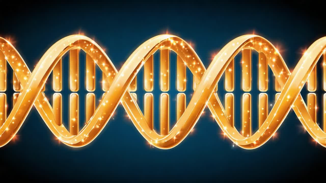 Seamless animation of a golden DNA strand slowly rotating, representing concepts of genetic engineering, medical research, biotechnology, molecular biology, and scientific innovation