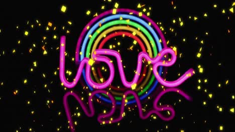 animation of confetti falling over love text in pink neon and rainbow on reflective black background