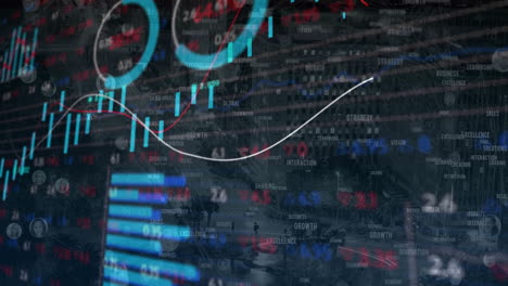 presenting data overlay animating over urban street, featuring blue candlesticks and bar graphs