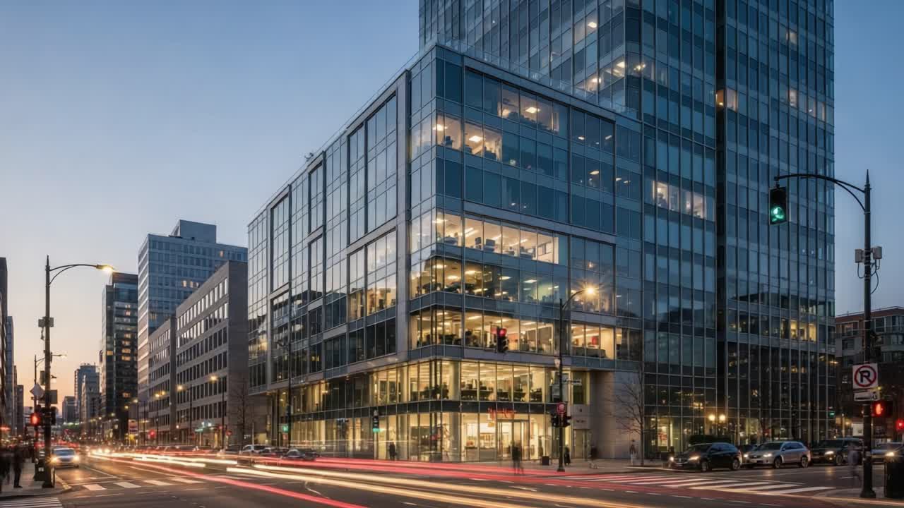 Illuminated Modern Office Building on a City Street at Dusk