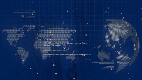 animation of data processing with spinning globe and world map over transparent background