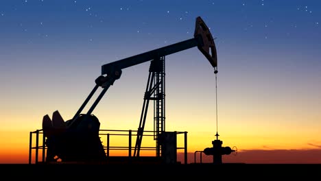 oil pump jack extracting crude oil under starry sunset sky. looped animation.