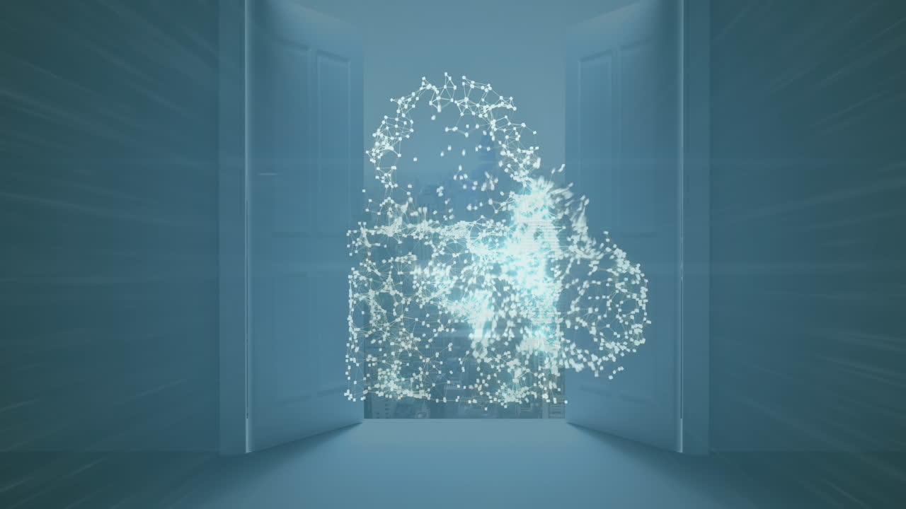 도시 풍경에 대한 클라우드 및 보안  ⁇ 락 아이콘을 형성하는 연결 네트워크의 애니메이션