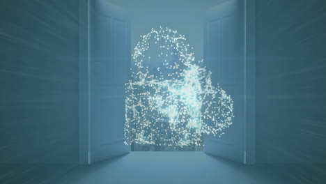 animation of network of connections forming cloud and security padlock icon against cityscape