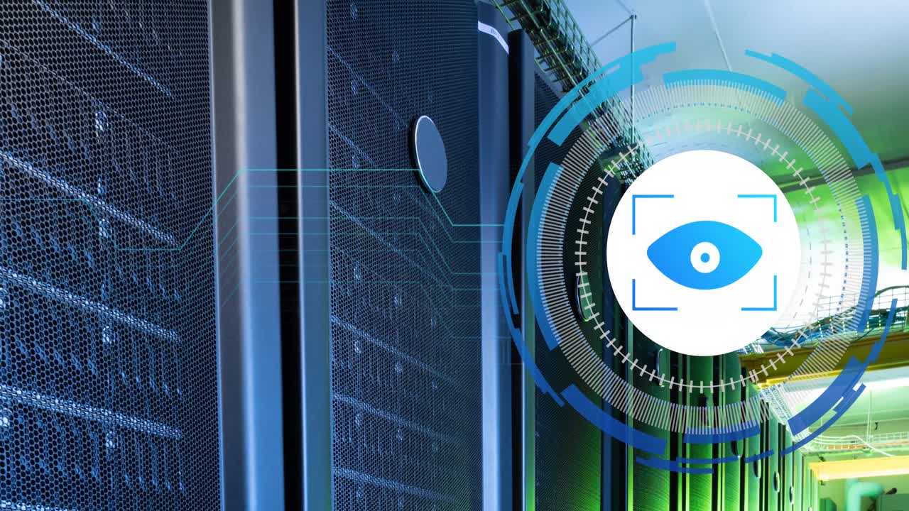 animación del procesamiento de datos con icono de ojo sobre la sala del servidor