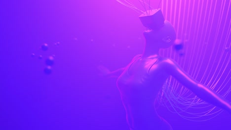 mujer con gafas vr flota en el espacio de neón con cables unidos a ella. concepto de avatar del metaverso. ilustración de cyberpunk ultravioleta. renderización 3d en bucle
