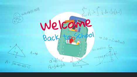 Animation-of-welcome-back-to-school-text-over-mathematical-equations-on-blue-background