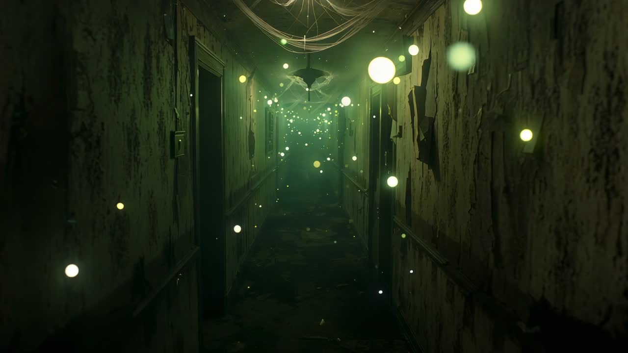 Gliding camera down long hotel corridor, with peeling wallpaper dark-stained floor and glowing orbs