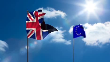 union flag and european flag waving against sky