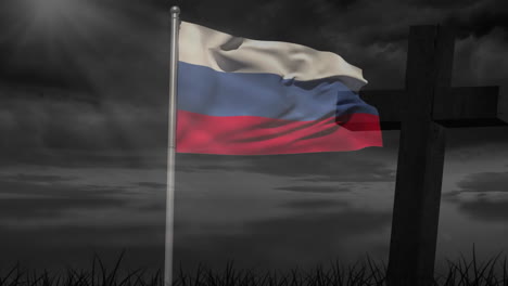 russian flag waving with animation near cross under dark, cloudy sky