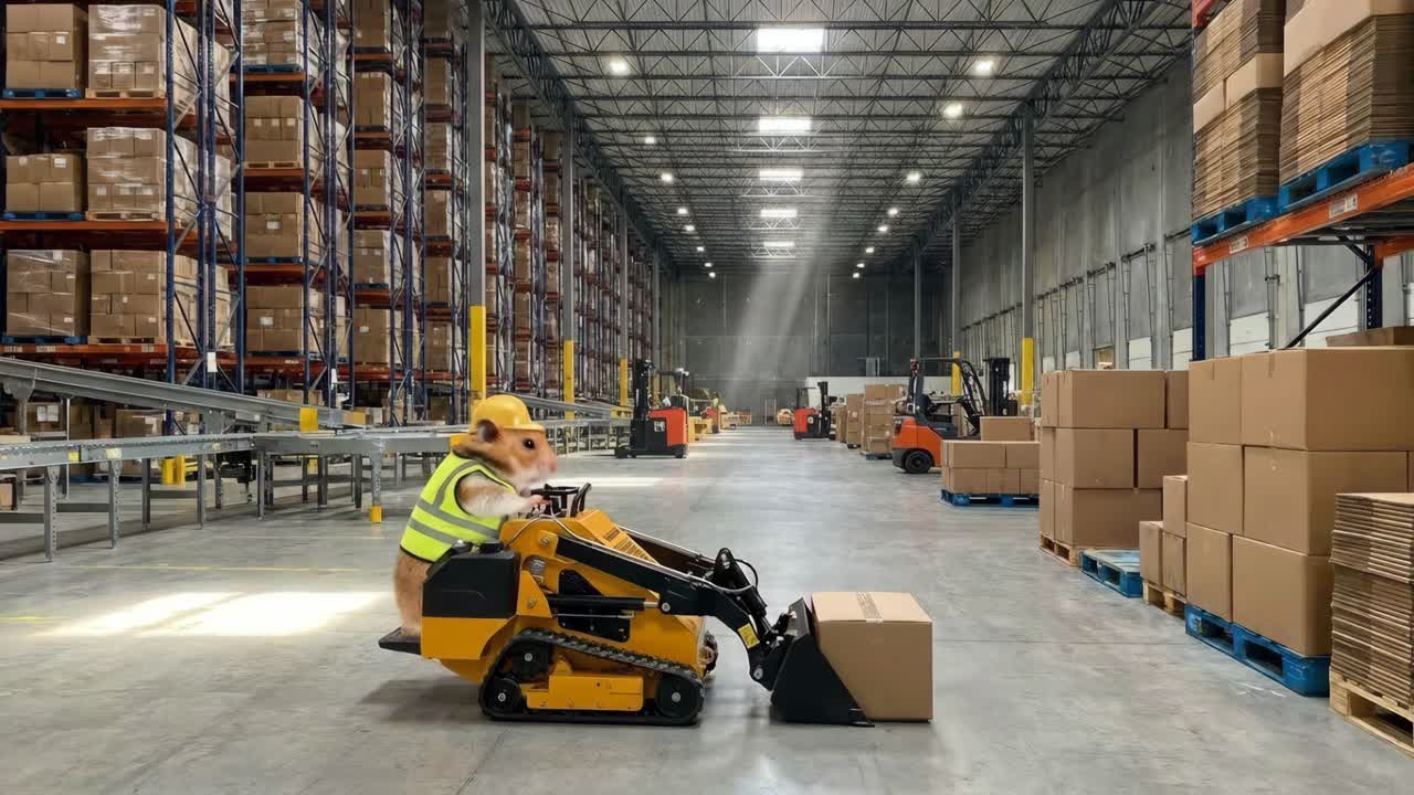 Hamster operating a mini loader in a warehouse