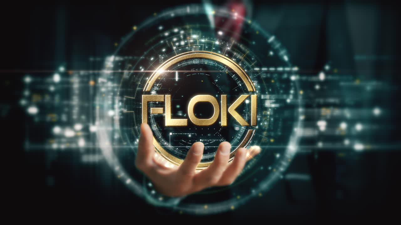 A visionary businessman extends his hand, unveiling a vibrant futuristic holographic display showcasing global crypto trading, business analytics, stock exchanges, and market trends : FLOKI