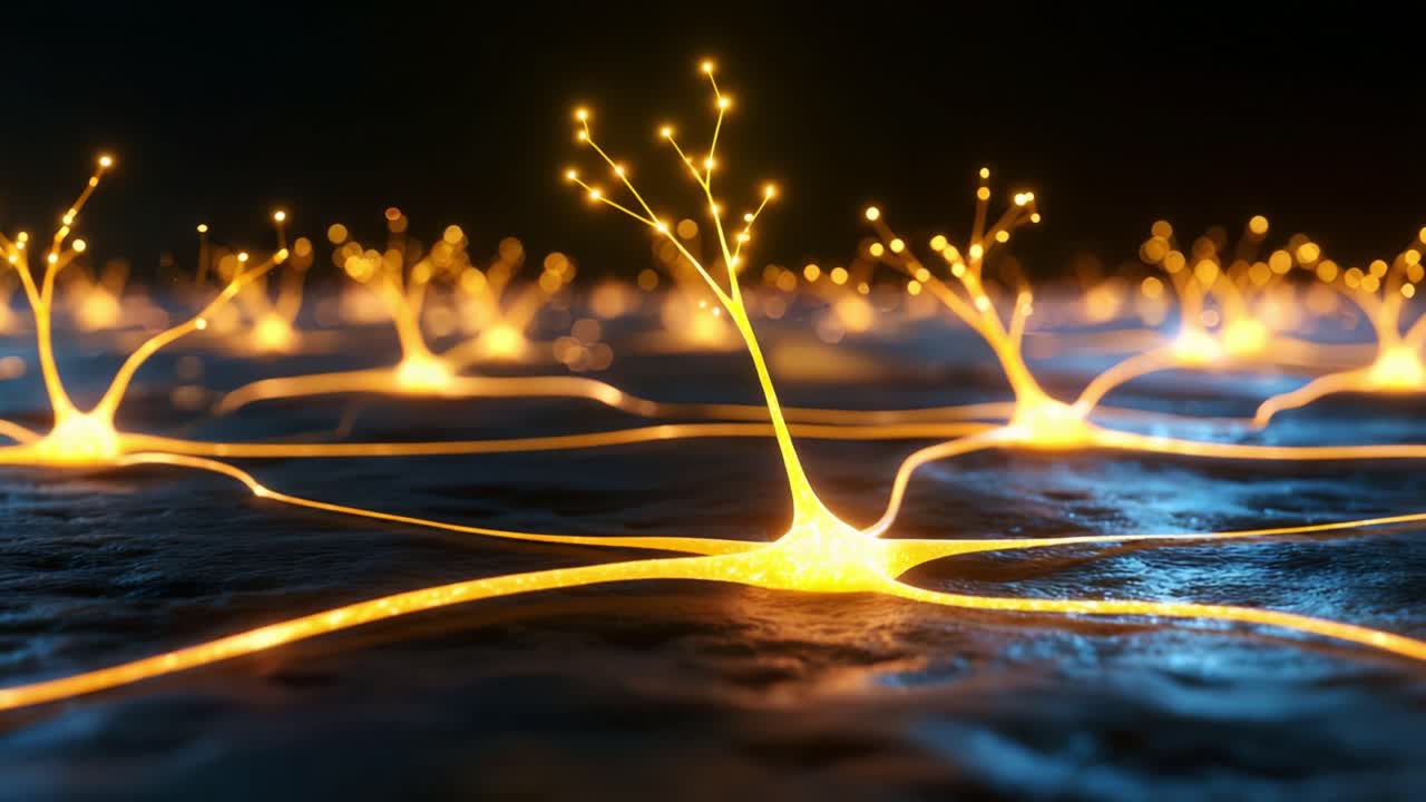 Illuminated Neural Connections: A Stunning Representation of Neurons with Radiant Extensions, Showcasing the Complexity and Beauty of Biological Communication in a Unique Visual Style