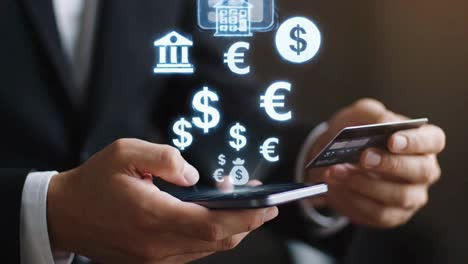 man in a suit making a secure online payment with credit card