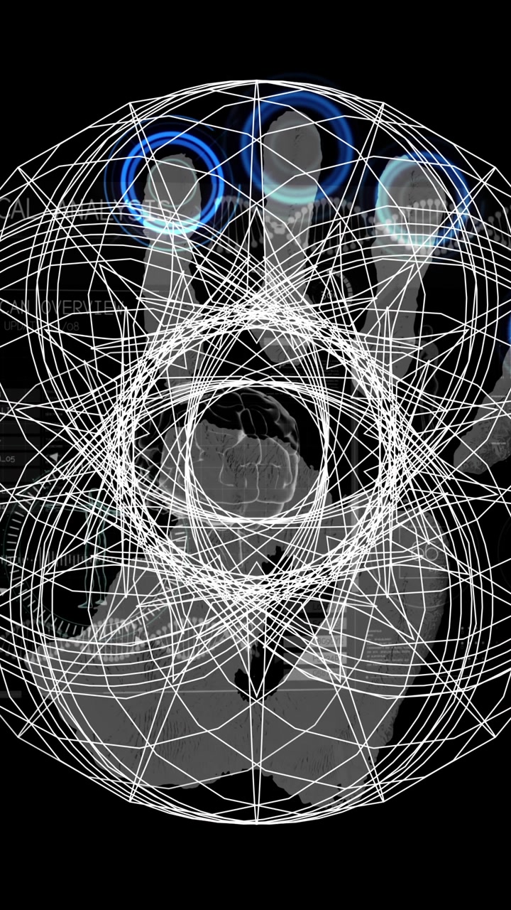 Animazione di impronte digitali su una forma geometrica lineare rotante su sfondo nero