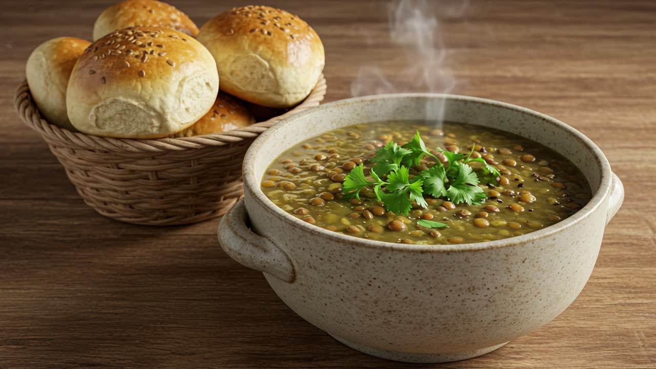 A Delicious Bowl of Lentil Soup Served with Soft, Fluffy Bread Rolls, Perfectly Garnished with Fresh Herbs and Steaming Hot for a Comforting Meal Experience