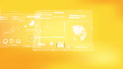 animation of graphs, globes, loading bars and circles against yellow background