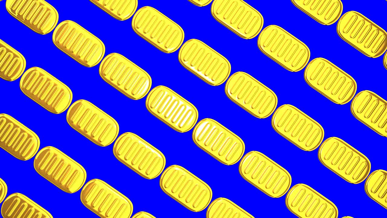 Oval gold coins on blue chroma key. Loop able 3d animation.